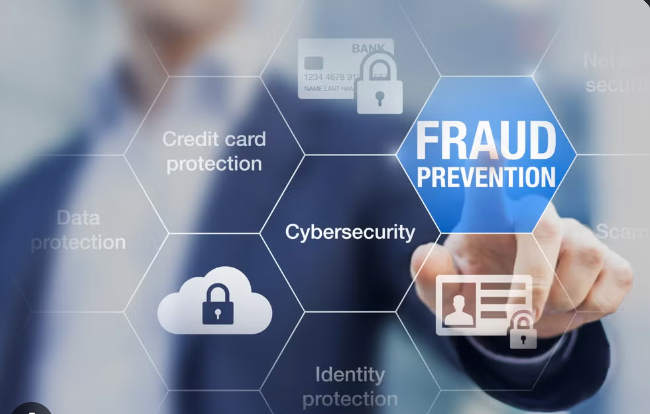 Fraud prevention graphic with credit card, identity, and data protection symbols