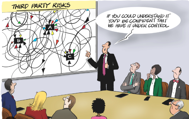 Cartoon of a business meeting reviewing a tangled diagram of third-party connections