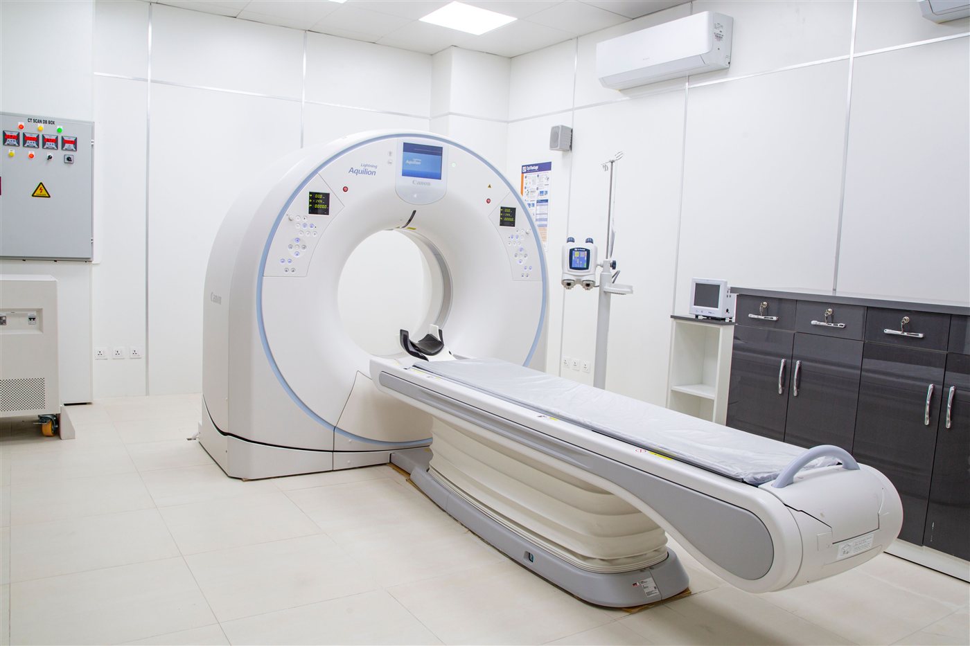 CT scanner and monitoring equipment in a medical imaging room