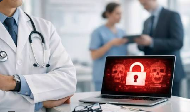 Healthcare staff beside a laptop displaying a ransomware lock symbol