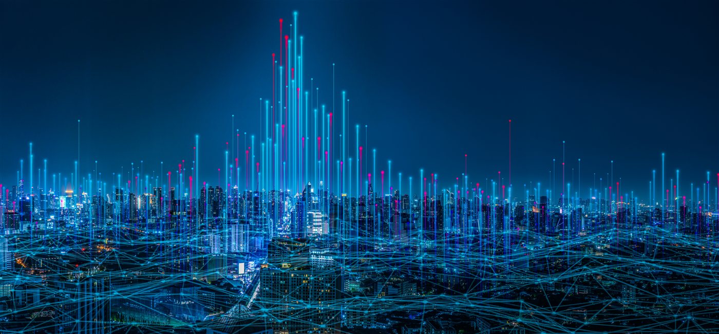 City skyline with glowing blue network connections