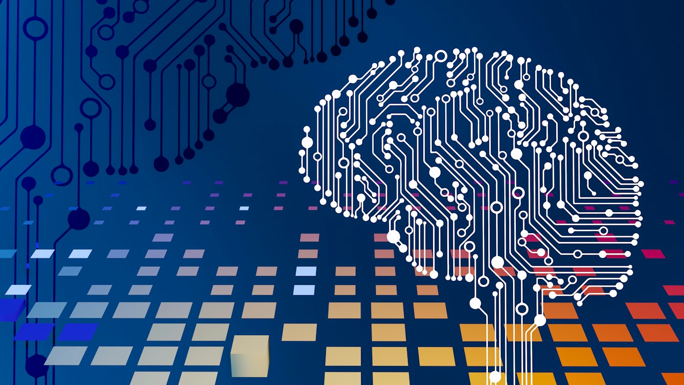 Circuit board illustration with a digital brain